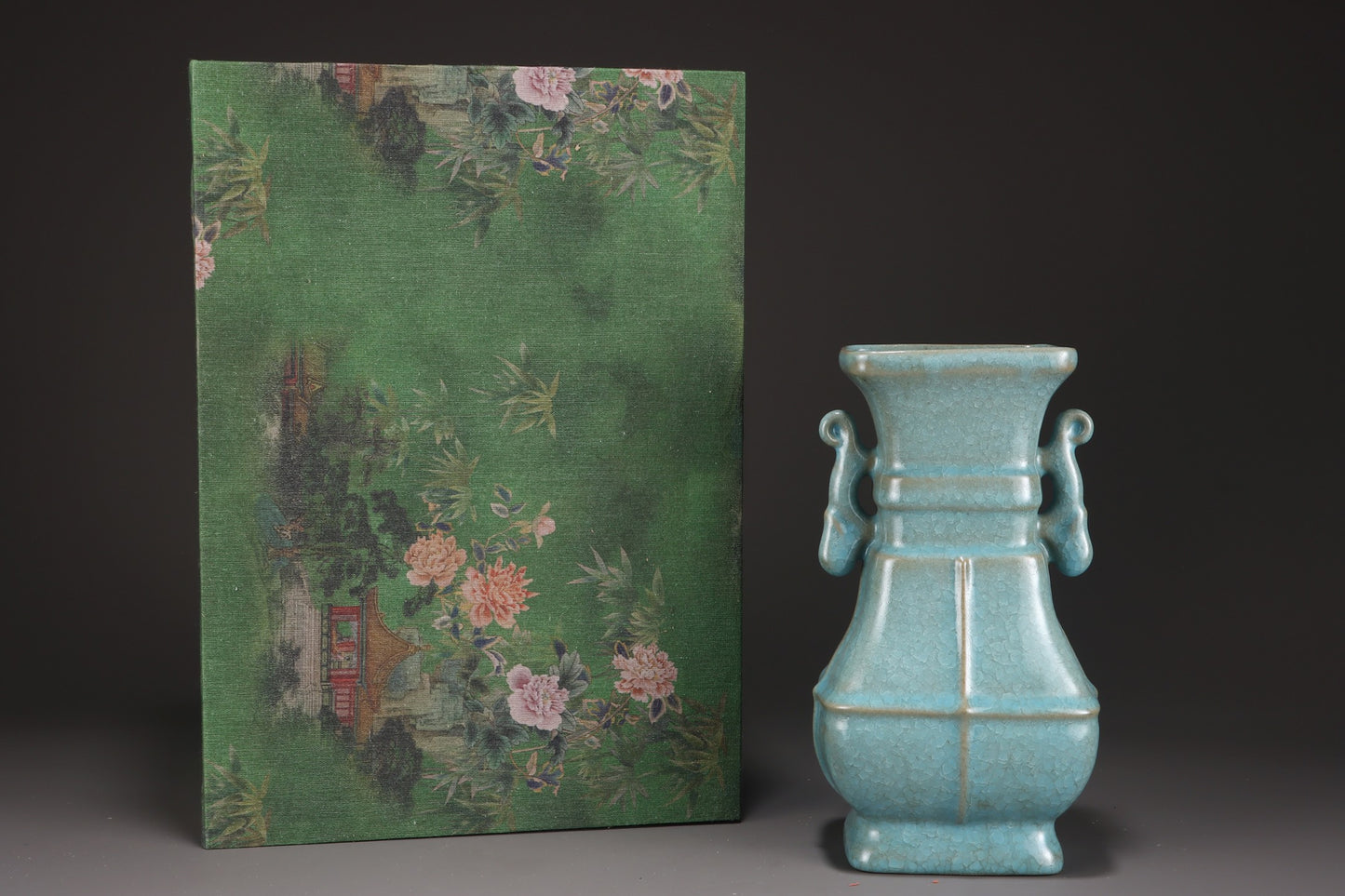 A1311 Chinese Sky Blue Glaze Ru Kiln Double Ear Porcelain Vase