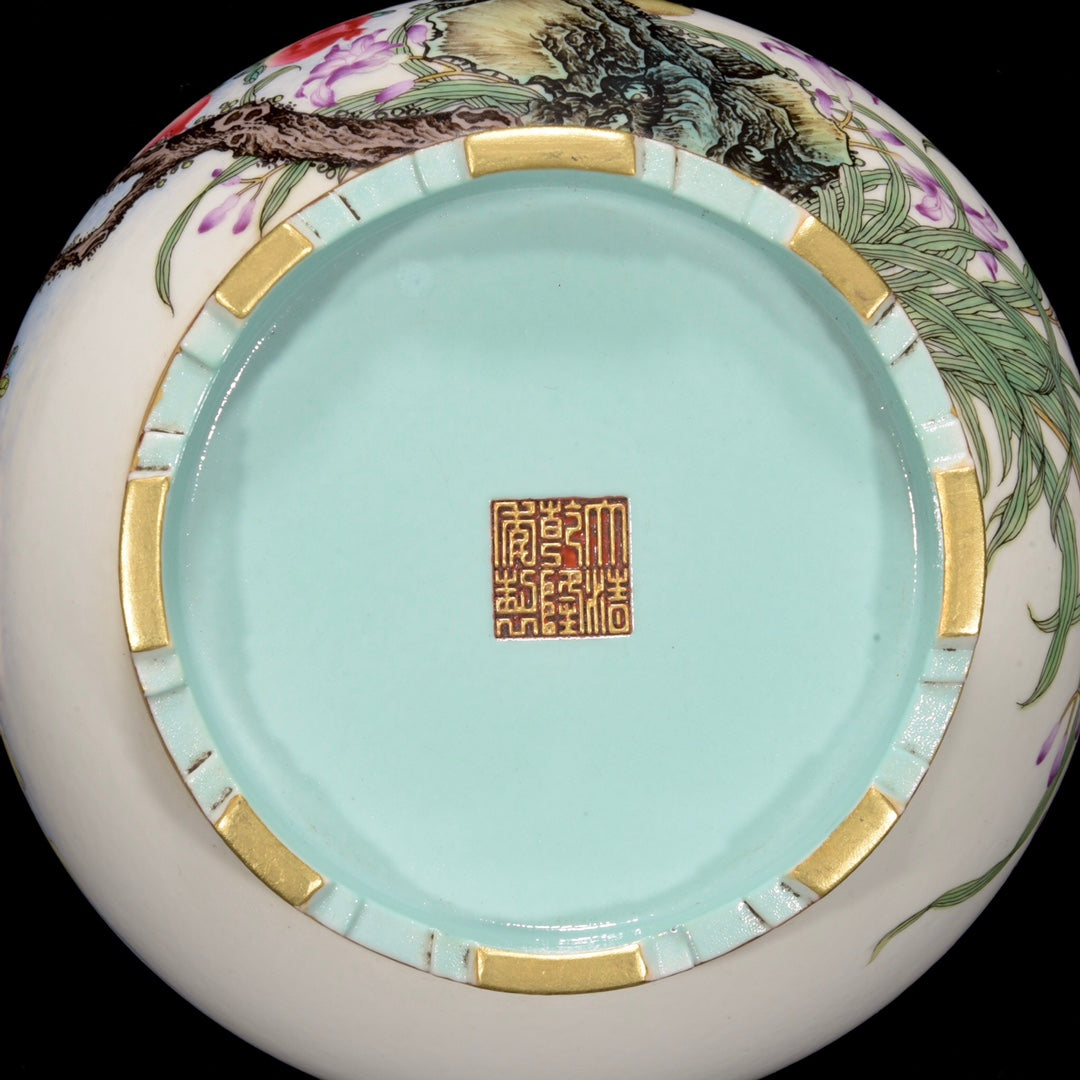 A1320 Chinese Qing Dynasty Gilt Edge Famille Rose Flowers Bird & Pomegranate Design Porcelain Brush Washer