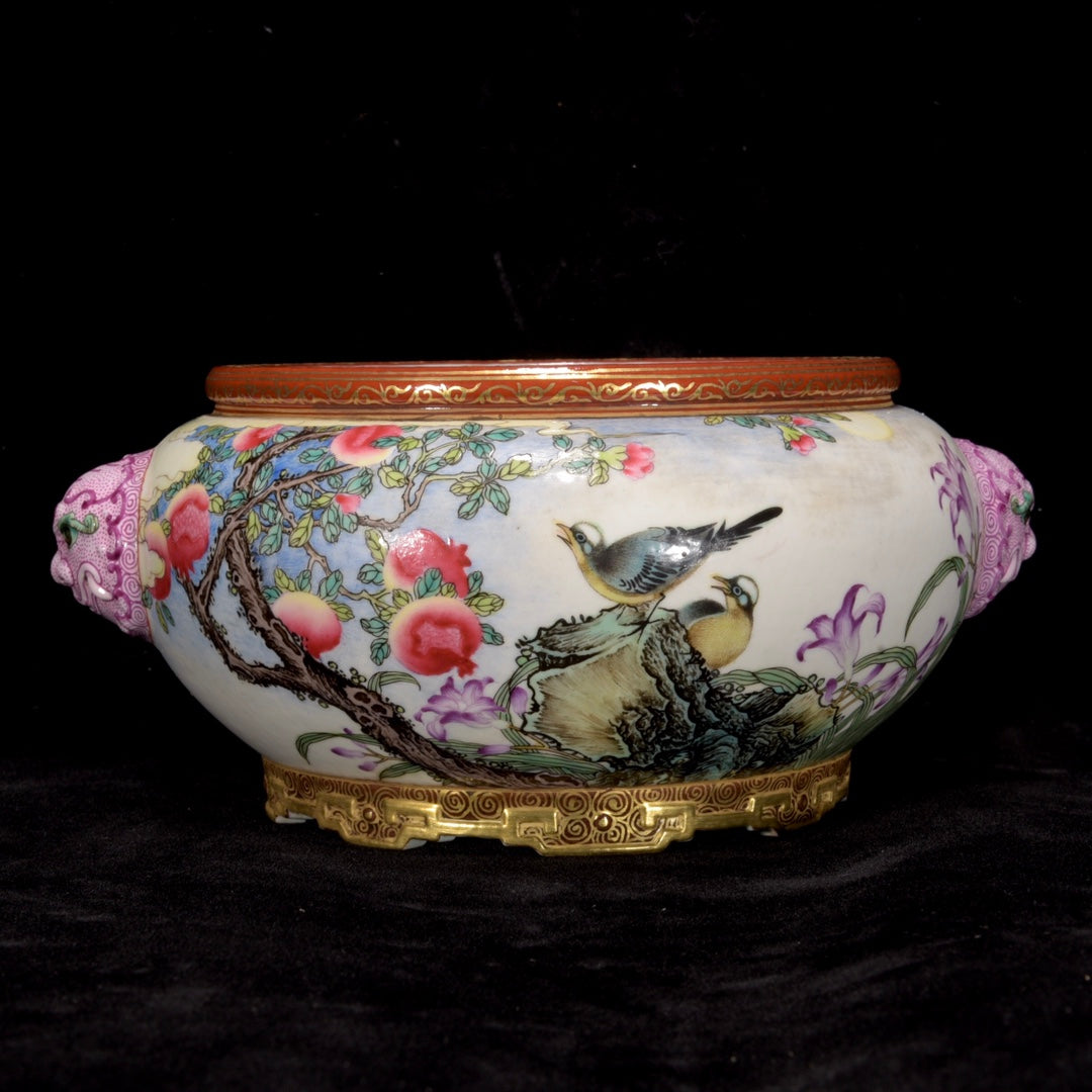 A1320 Chinese Qing Dynasty Gilt Edge Famille Rose Flowers Bird & Pomegranate Design Porcelain Brush Washer