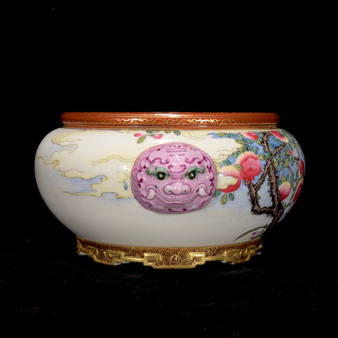 A1320 Chinese Qing Dynasty Gilt Edge Famille Rose Flowers Bird & Pomegranate Design Porcelain Brush Washer
