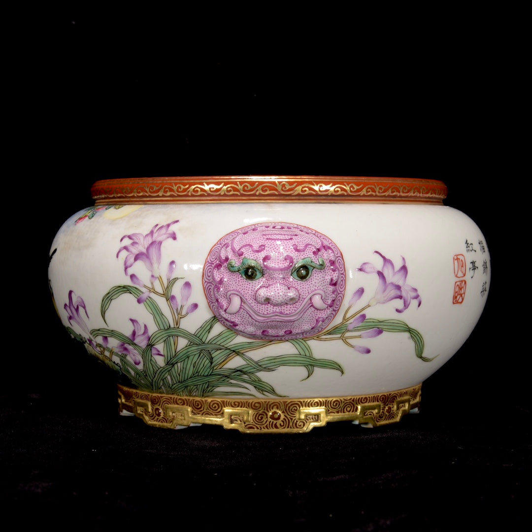 A1320 Chinese Qing Dynasty Gilt Edge Famille Rose Flowers Bird & Pomegranate Design Porcelain Brush Washer