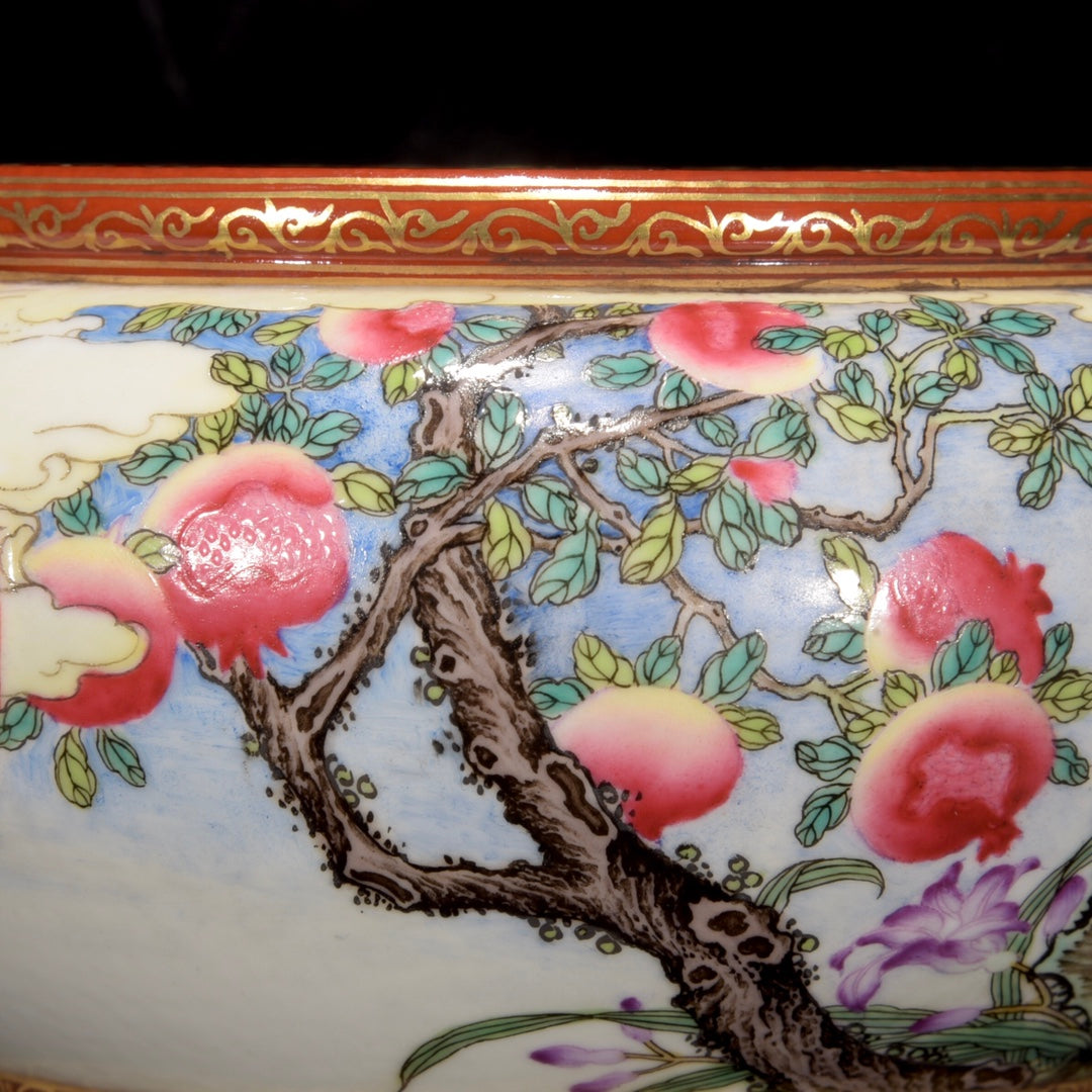 A1320 Chinese Qing Dynasty Gilt Edge Famille Rose Flowers Bird & Pomegranate Design Porcelain Brush Washer