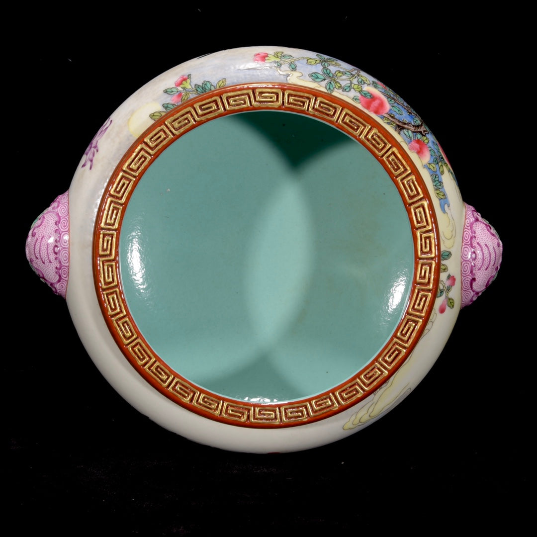 A1320 Chinese Qing Dynasty Gilt Edge Famille Rose Flowers Bird & Pomegranate Design Porcelain Brush Washer