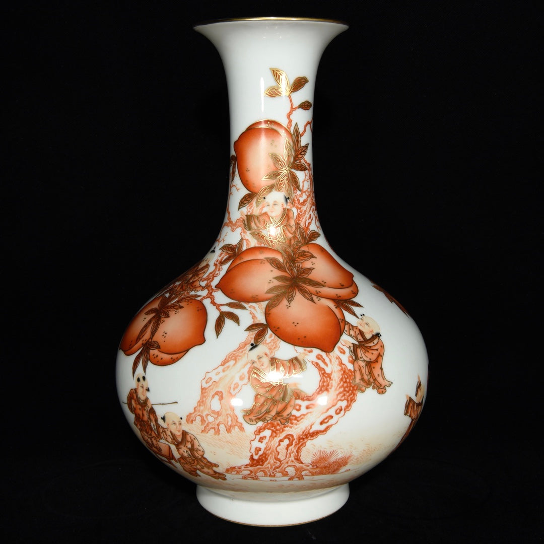 A1322 Chinese Qing Dynasty Gilt Edge Iron Red Glaze Peach Design Porcelain Vase