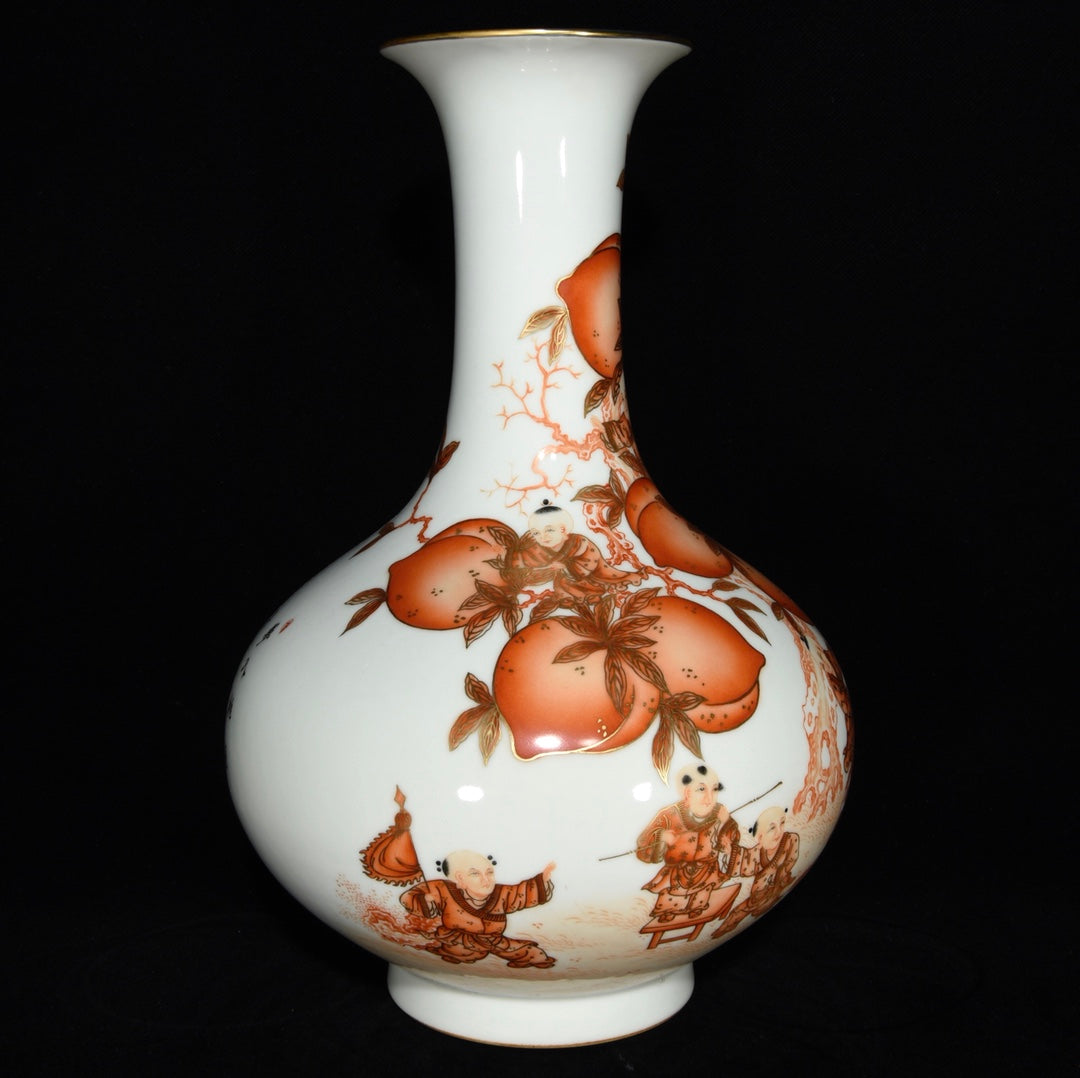 A1322 Chinese Qing Dynasty Gilt Edge Iron Red Glaze Peach Design Porcelain Vase