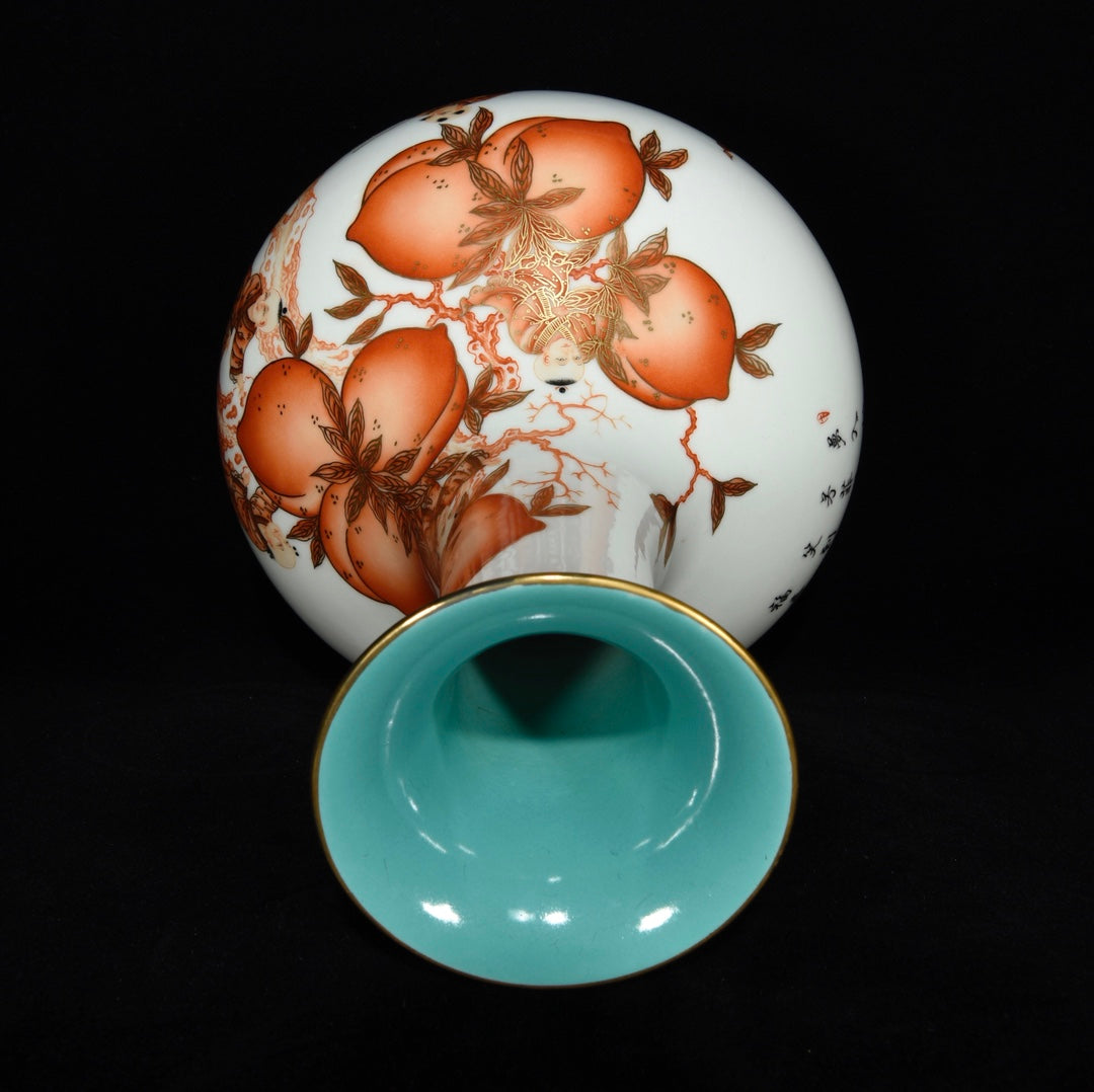 A1322 Chinese Qing Dynasty Gilt Edge Iron Red Glaze Peach Design Porcelain Vase