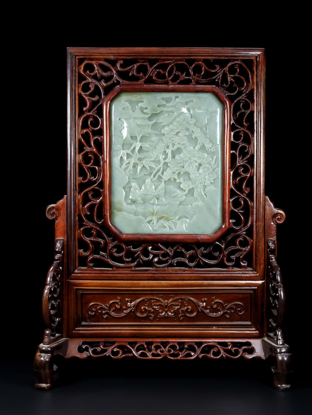 A1324 Antique Chinese Zitan Wood Inlay Hetian Jade Low Relief Sages Meeting Screen