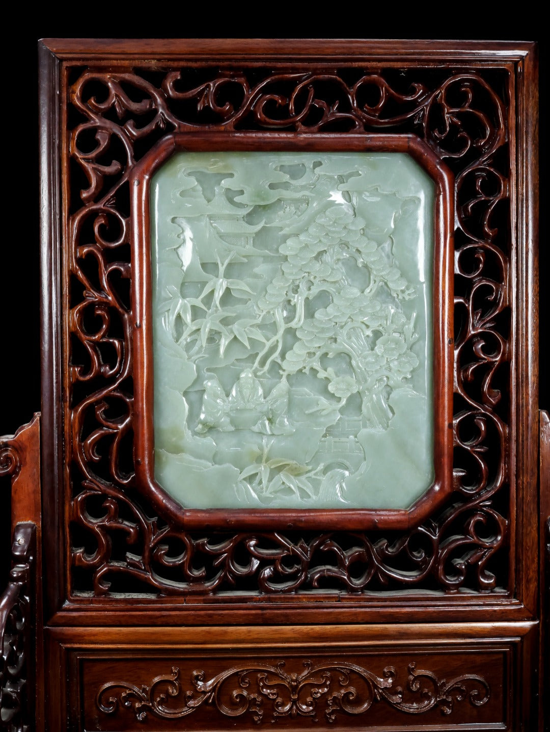 A1324 Antique Chinese Zitan Wood Inlay Hetian Jade Low Relief Sages Meeting Screen