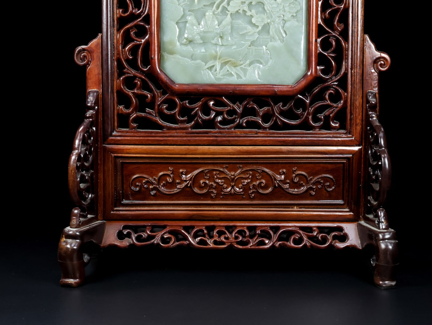 A1324 Antique Chinese Zitan Wood Inlay Hetian Jade Low Relief Sages Meeting Screen