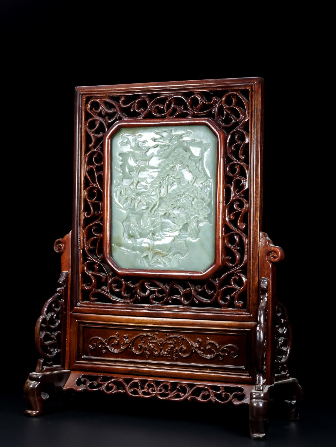 A1324 Antique Chinese Zitan Wood Inlay Hetian Jade Low Relief Sages Meeting Screen