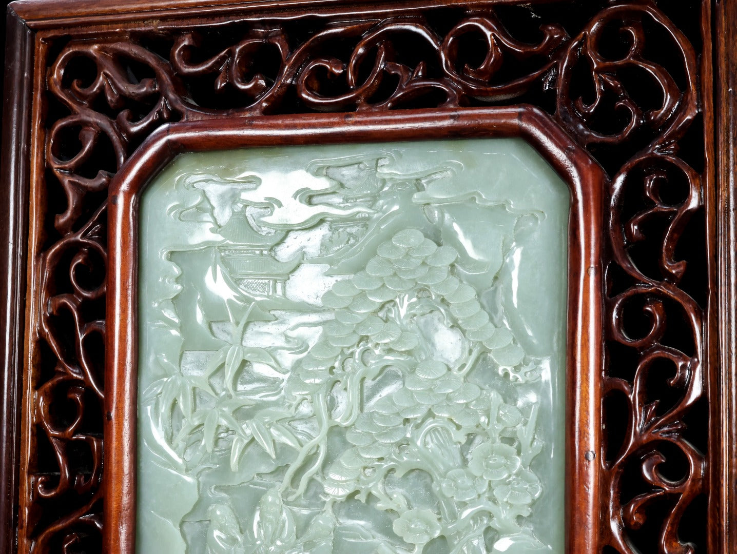 A1324 Antique Chinese Zitan Wood Inlay Hetian Jade Low Relief Sages Meeting Screen