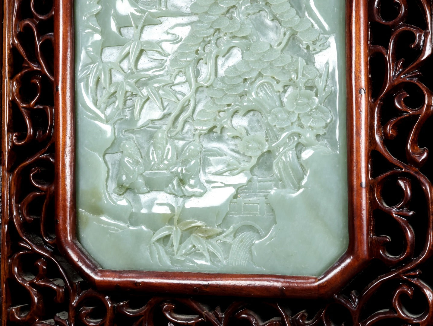 A1324 Antique Chinese Zitan Wood Inlay Hetian Jade Low Relief Sages Meeting Screen