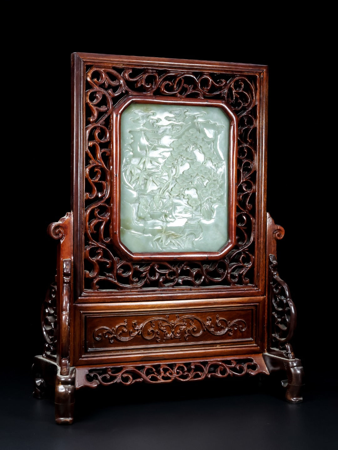 A1324 Antique Chinese Zitan Wood Inlay Hetian Jade Low Relief Sages Meeting Screen