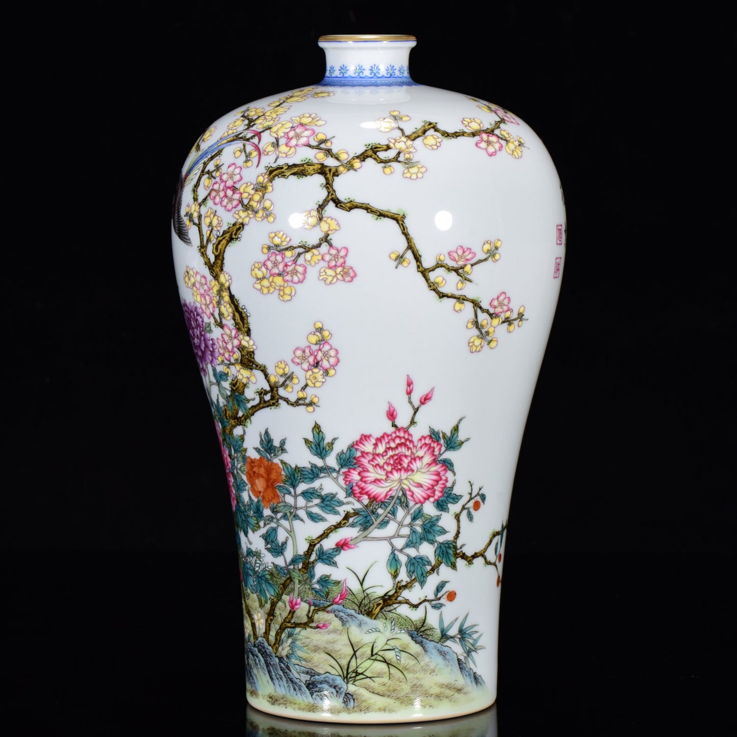 A1326 Chinese Qing Dynasty Gilt Edge Famille Rose Flowers Bird Design Porcelain Vase