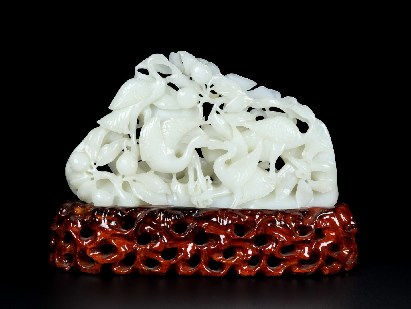 A1332 Openwork Chinese White Hetian Jade Carved Crane Statue