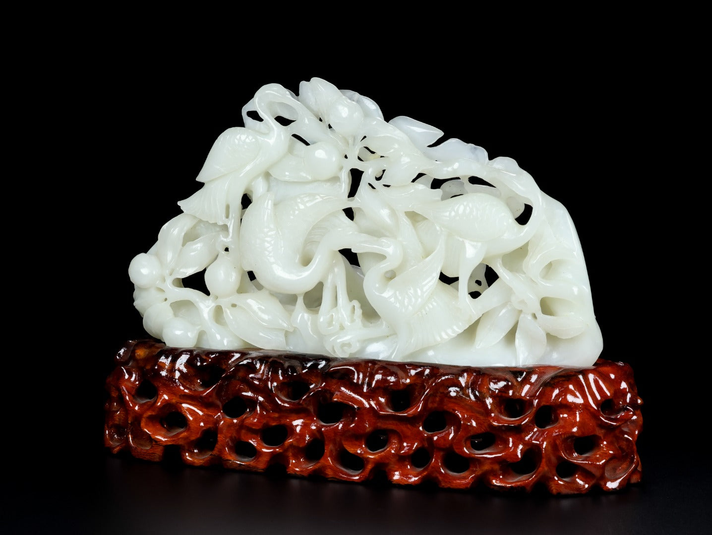 A1332 Openwork Chinese White Hetian Jade Carved Crane Statue