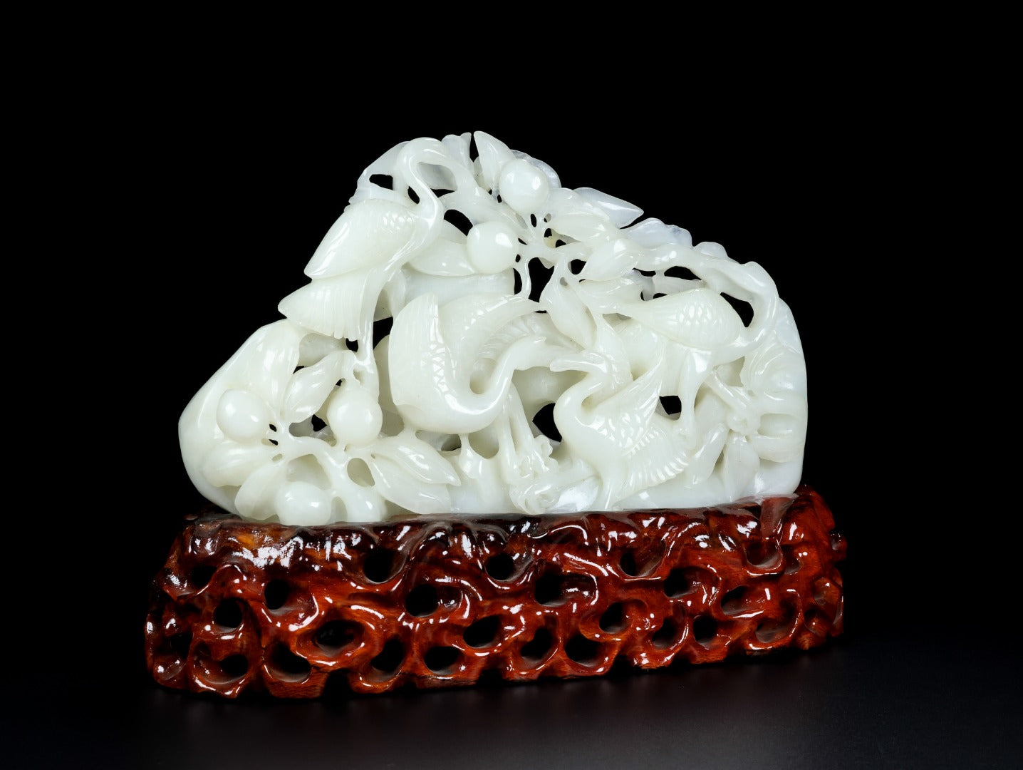 A1332 Openwork Chinese White Hetian Jade Carved Crane Statue