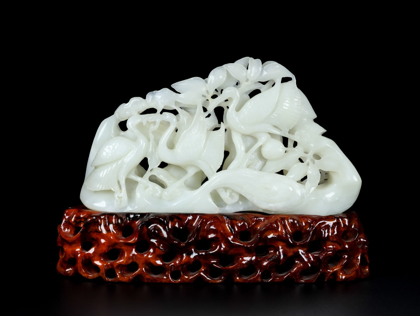 A1332 Openwork Chinese White Hetian Jade Carved Crane Statue