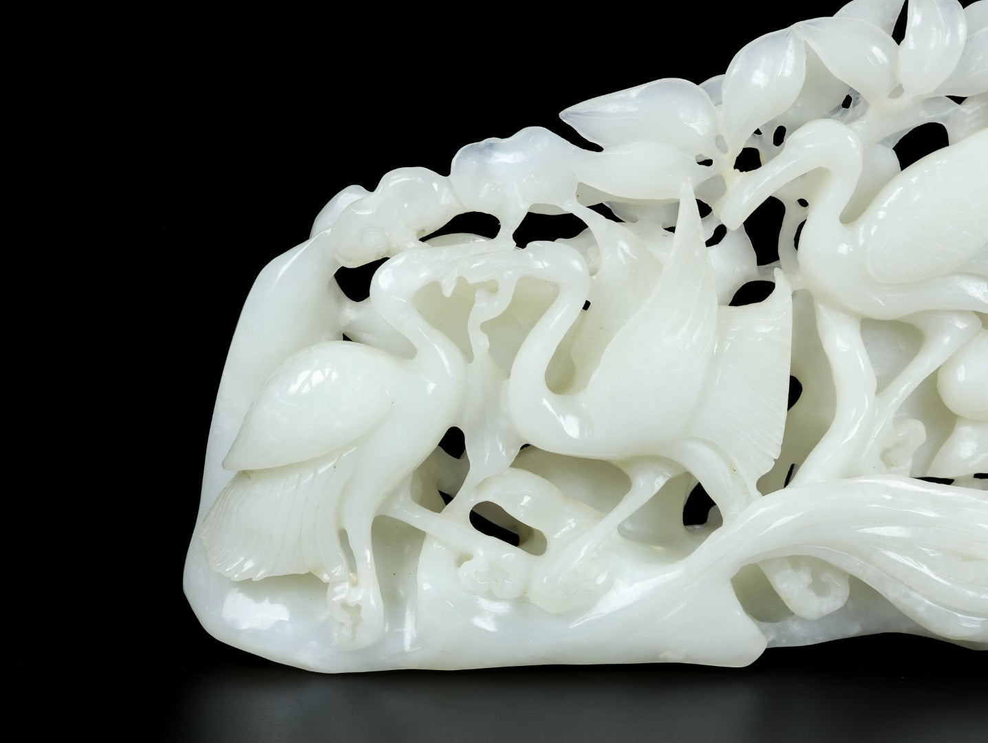 A1332 Openwork Chinese White Hetian Jade Carved Crane Statue
