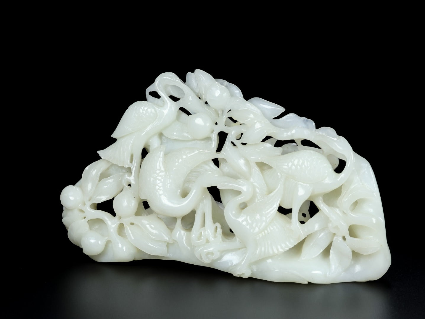 A1332 Openwork Chinese White Hetian Jade Carved Crane Statue
