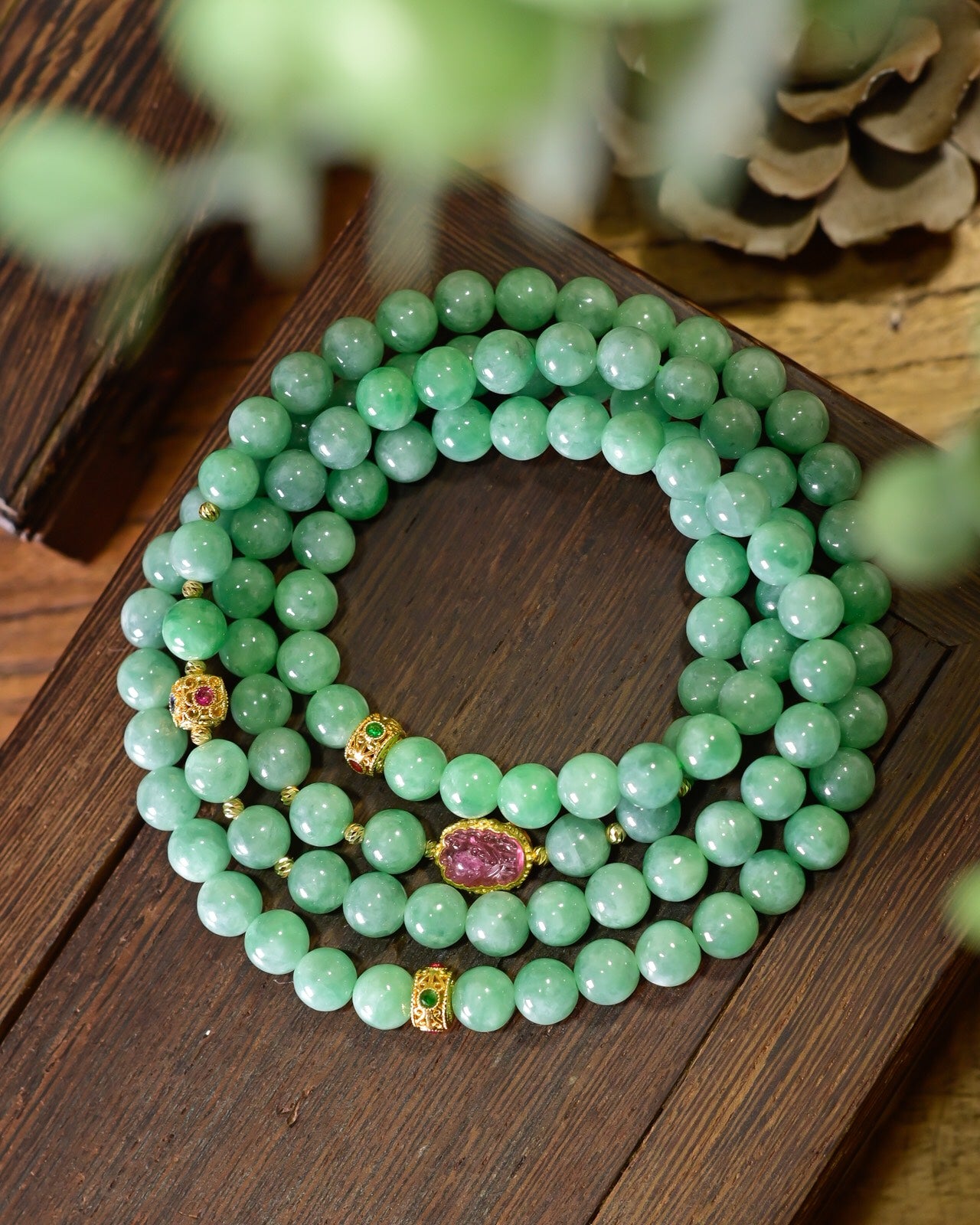 A1339 Exquisite Jadeite & 18K Gold Inlay Tourmaline Beads Necklace