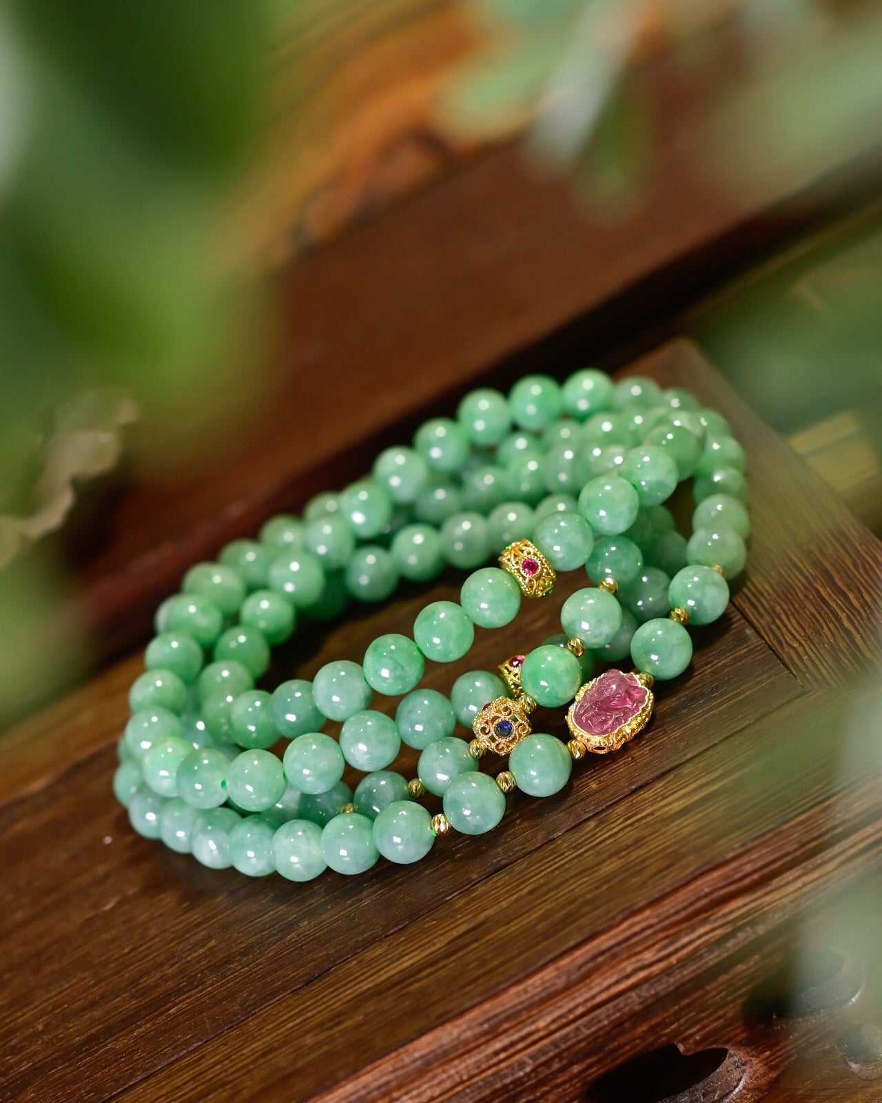 A1339 Exquisite Jadeite & 18K Gold Inlay Tourmaline Beads Necklace