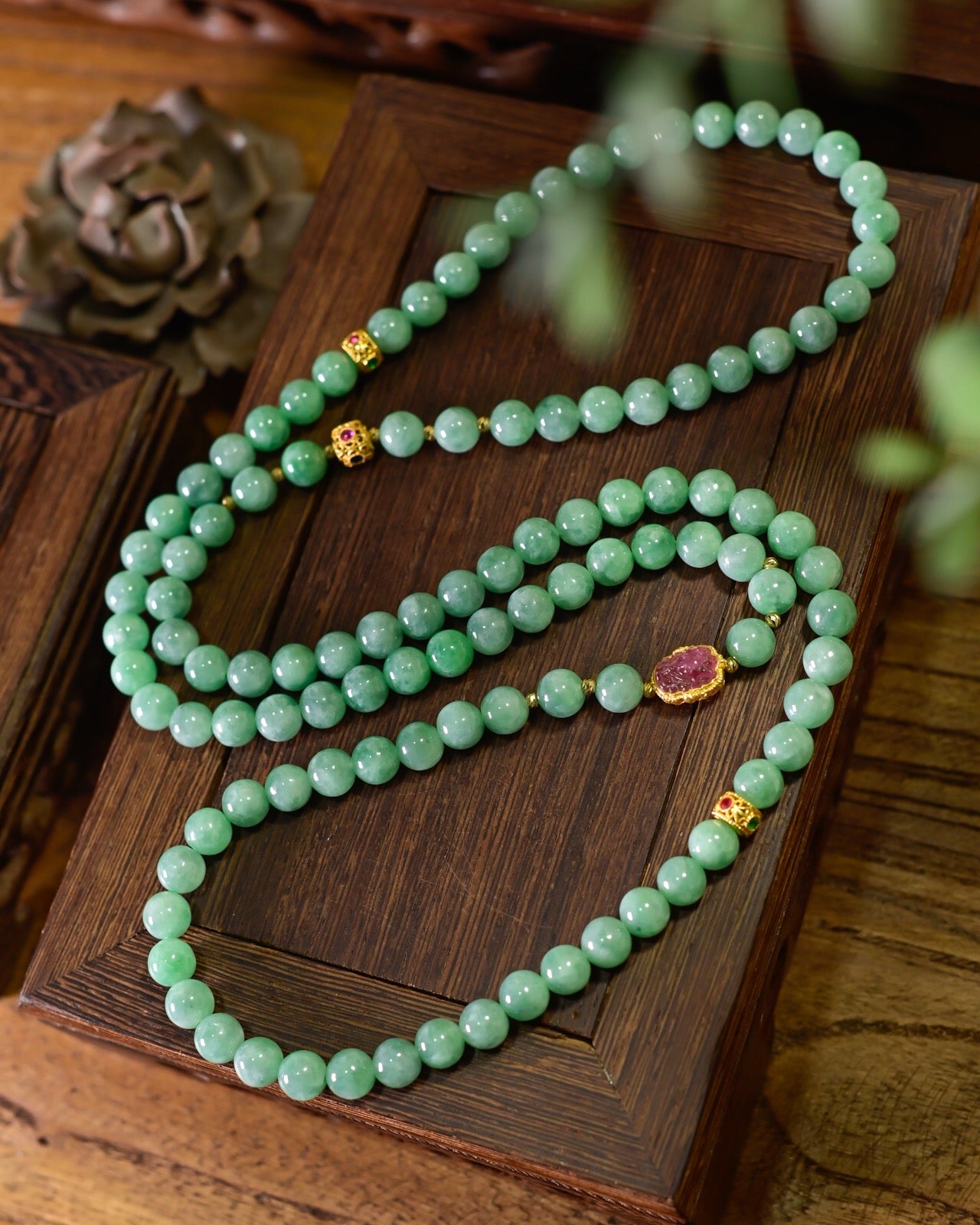 A1339 Exquisite Jadeite & 18K Gold Inlay Tourmaline Beads Necklace