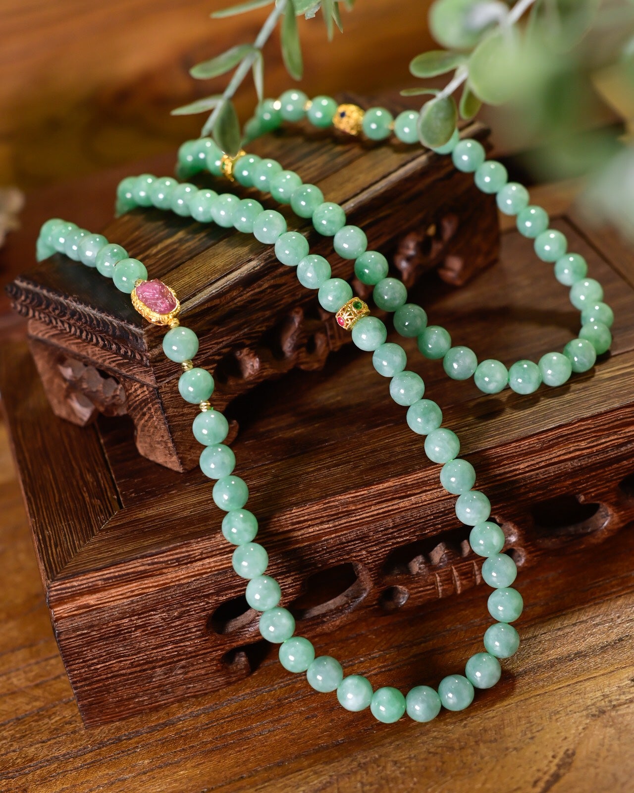 A1339 Exquisite Jadeite & 18K Gold Inlay Tourmaline Beads Necklace