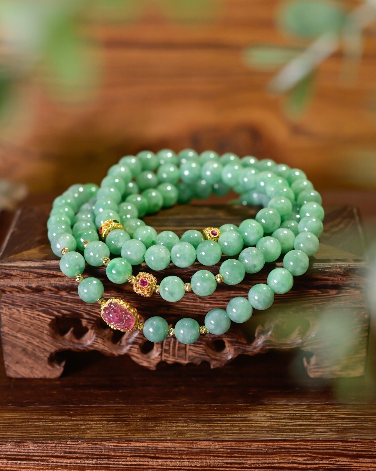 A1339 Exquisite Jadeite & 18K Gold Inlay Tourmaline Beads Necklace