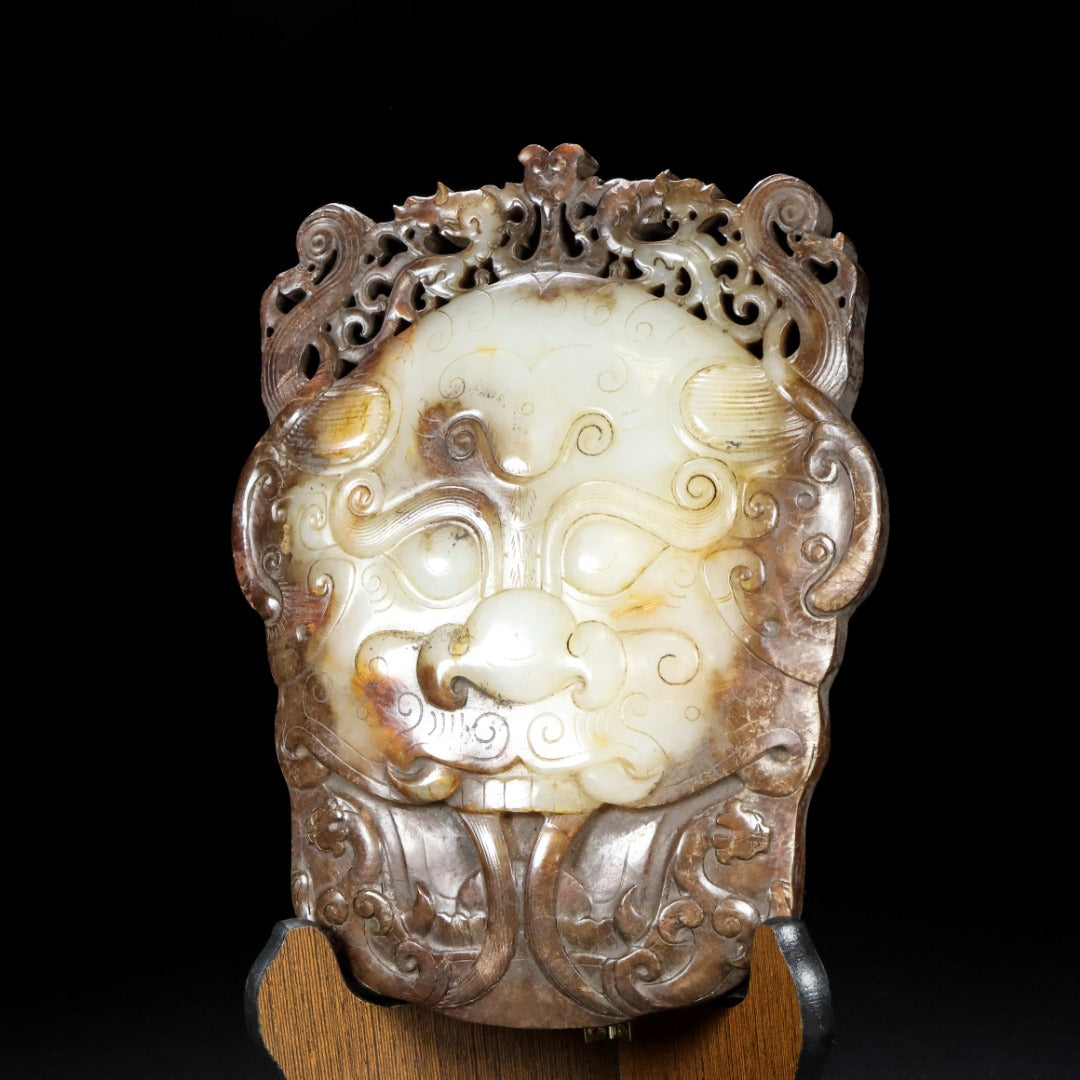 A1340 Vintage Chinese Hetia Jade Figure Face Mask Statue