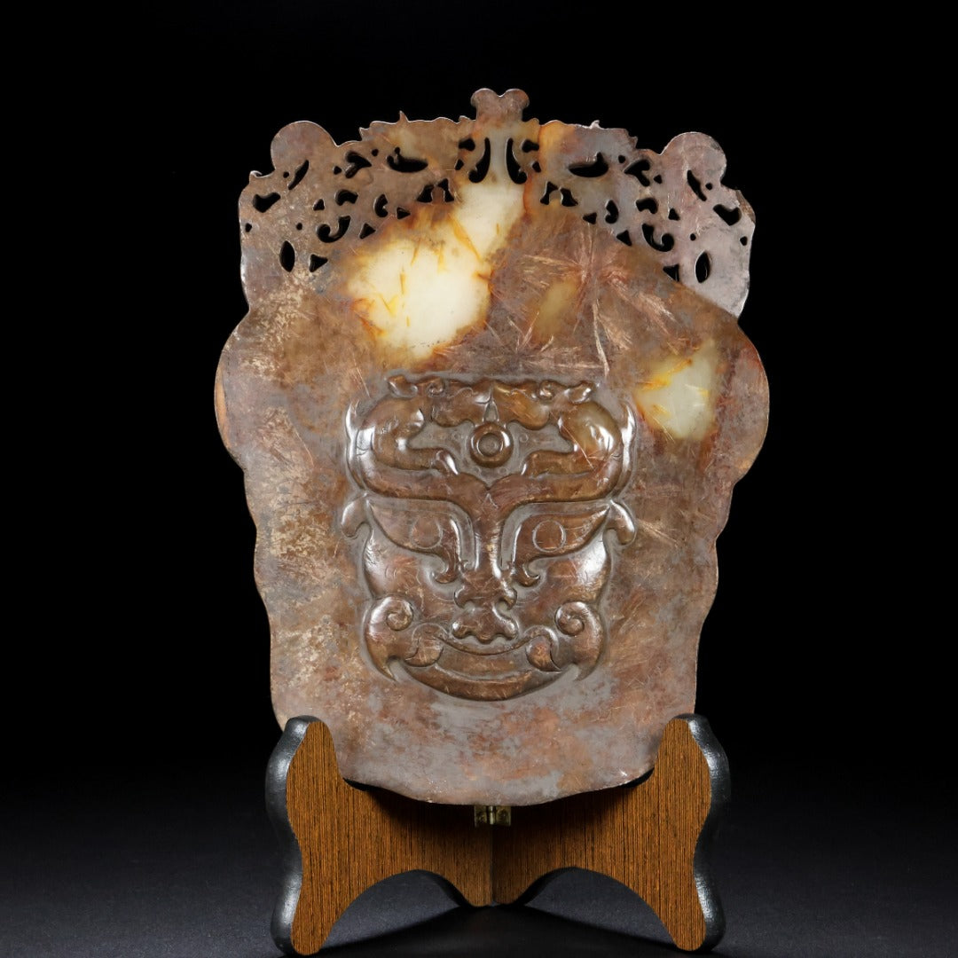 A1340 Vintage Chinese Hetia Jade Figure Face Mask Statue