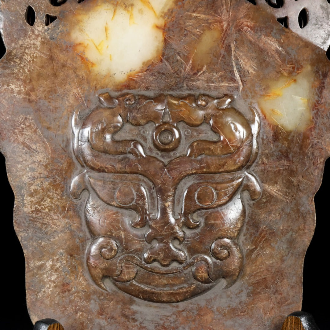 A1340 Vintage Chinese Hetia Jade Figure Face Mask Statue