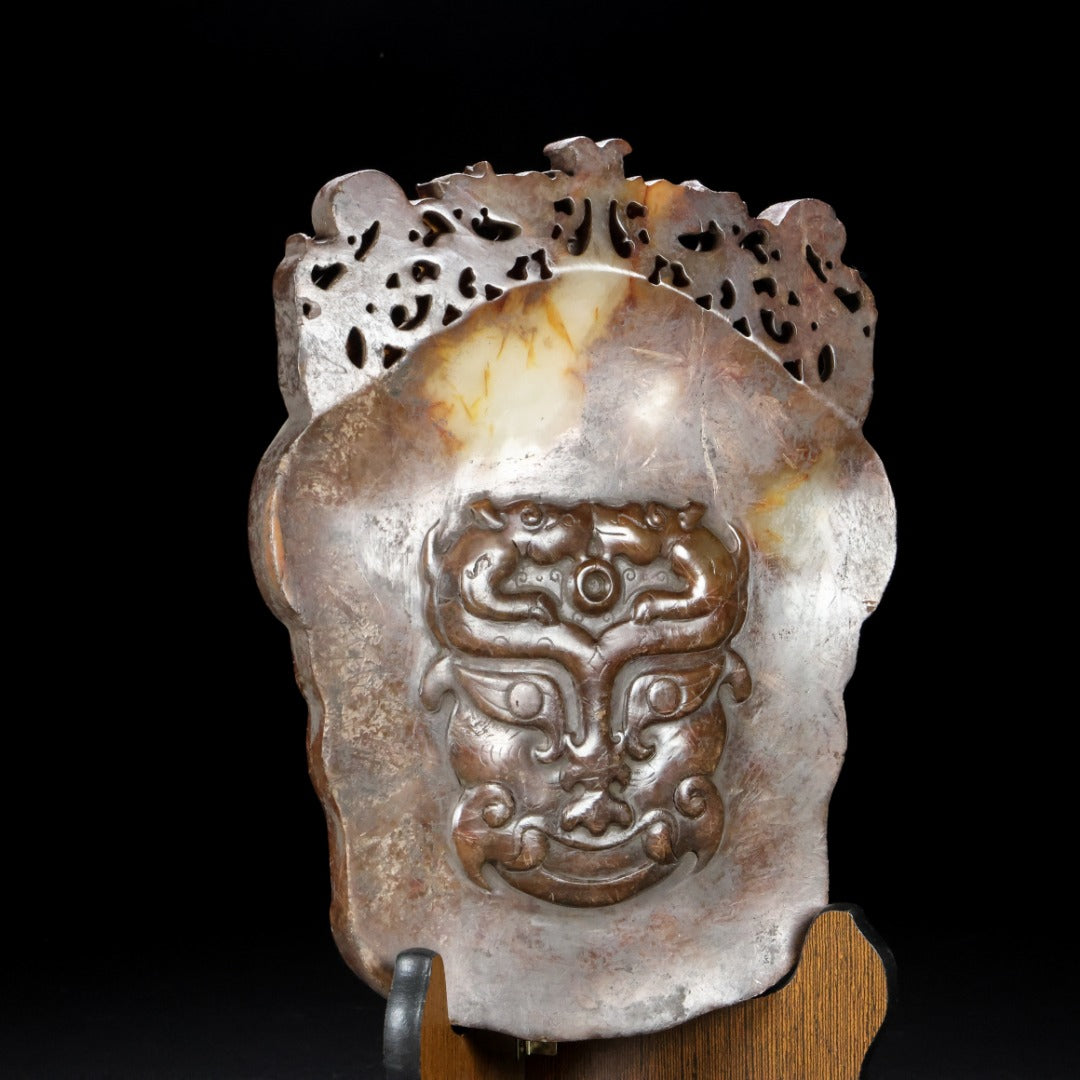 A1340 Vintage Chinese Hetia Jade Figure Face Mask Statue
