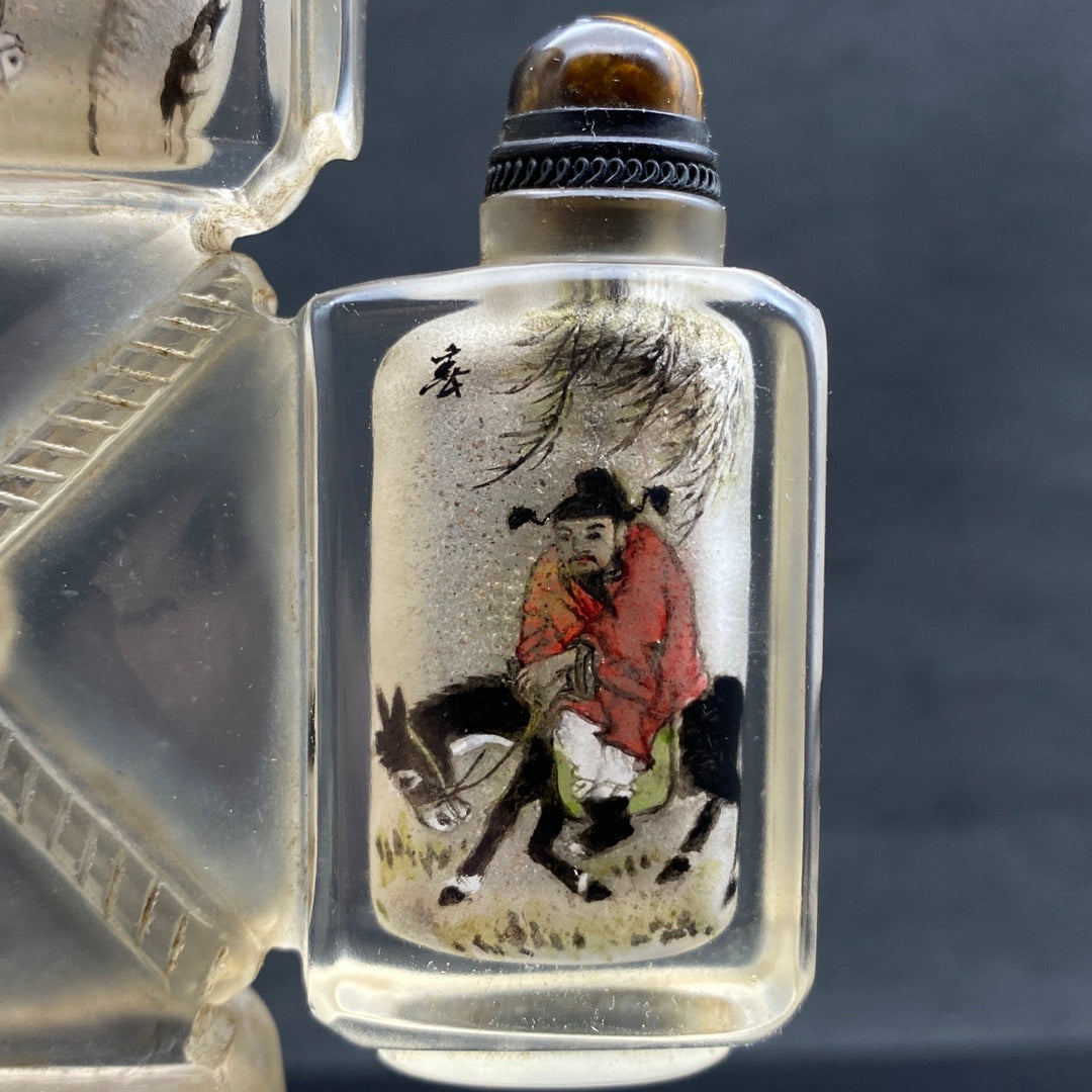 A1344 Old Chinese Peking Glass Inside Painting Figure Design Conjoined Snuff Bottle w Stopper