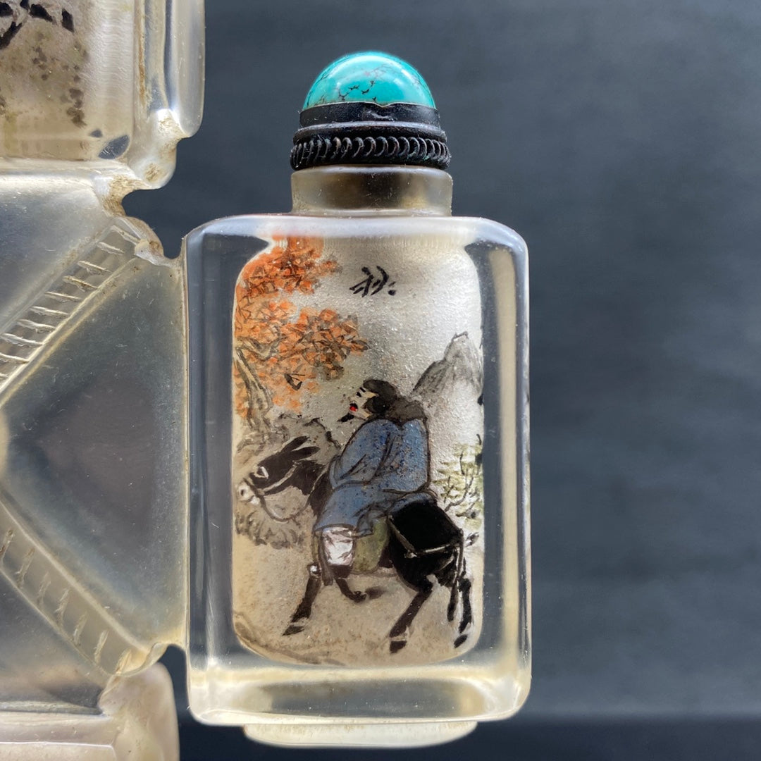 A1344 Old Chinese Peking Glass Inside Painting Figure Design Conjoined Snuff Bottle w Stopper