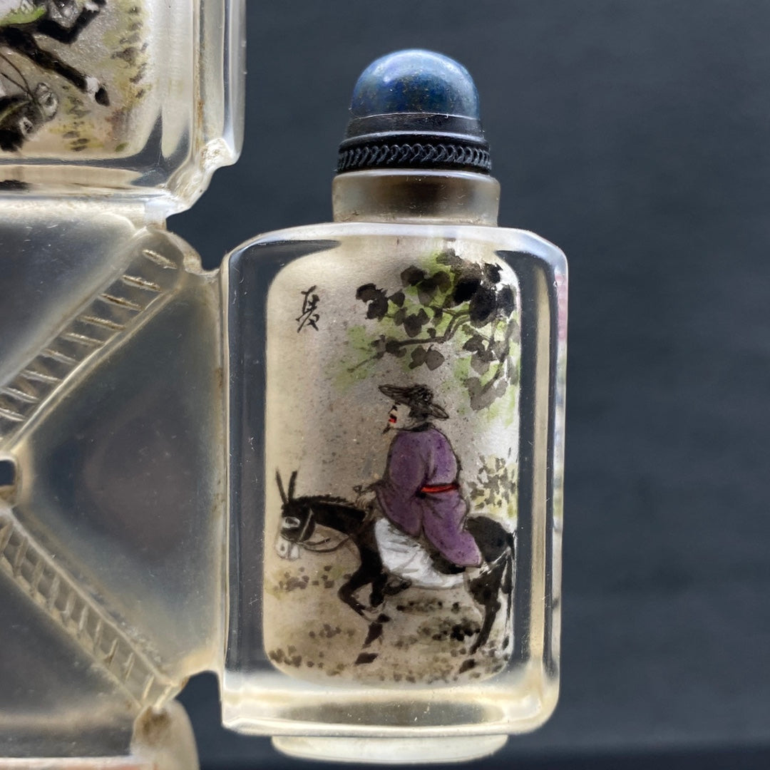 A1344 Old Chinese Peking Glass Inside Painting Figure Design Conjoined Snuff Bottle w Stopper