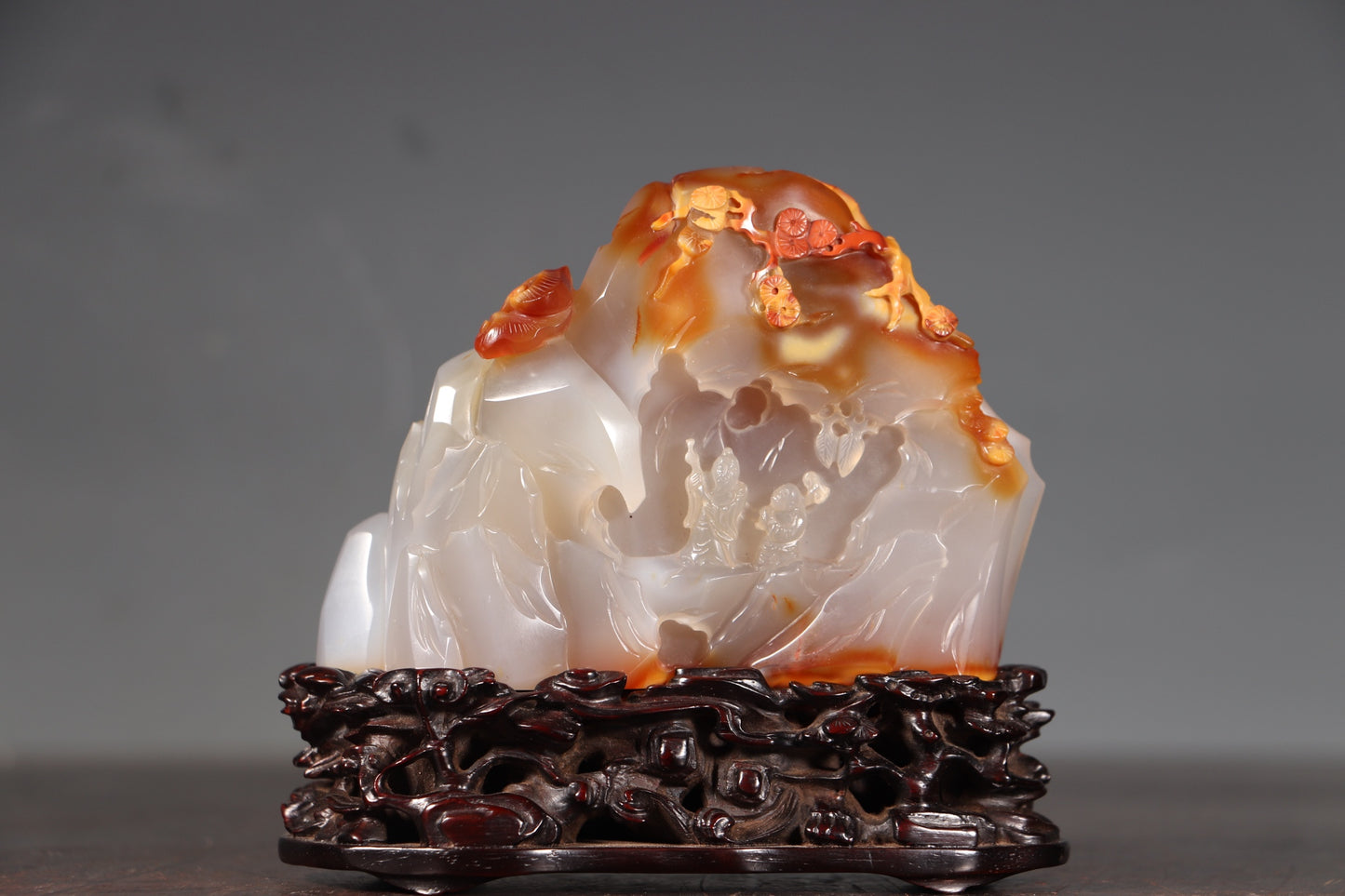 A1346 Chinese Agate Hand Carved Pine Tree & Figure Statue