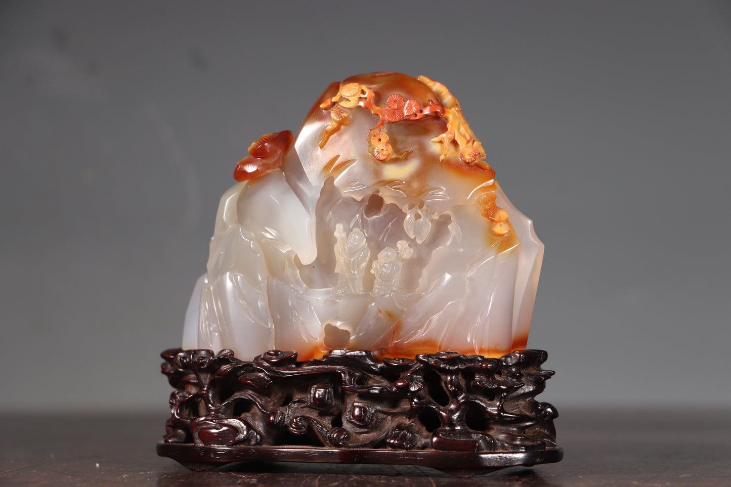 A1346 Chinese Agate Hand Carved Pine Tree & Figure Statue
