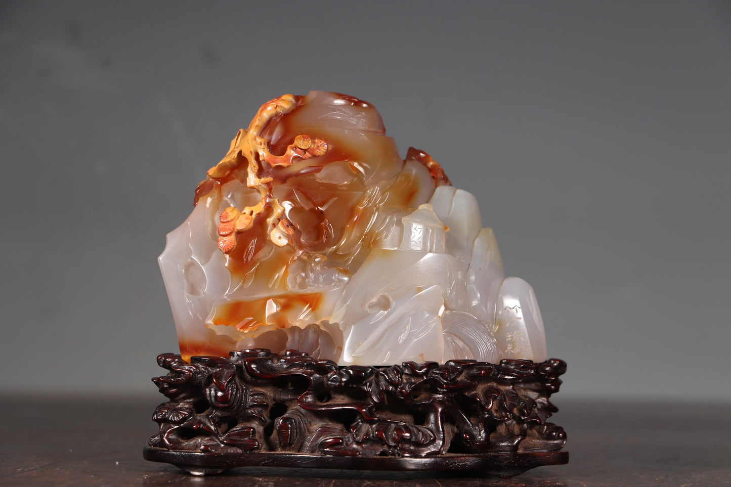 A1346 Chinese Agate Hand Carved Pine Tree & Figure Statue
