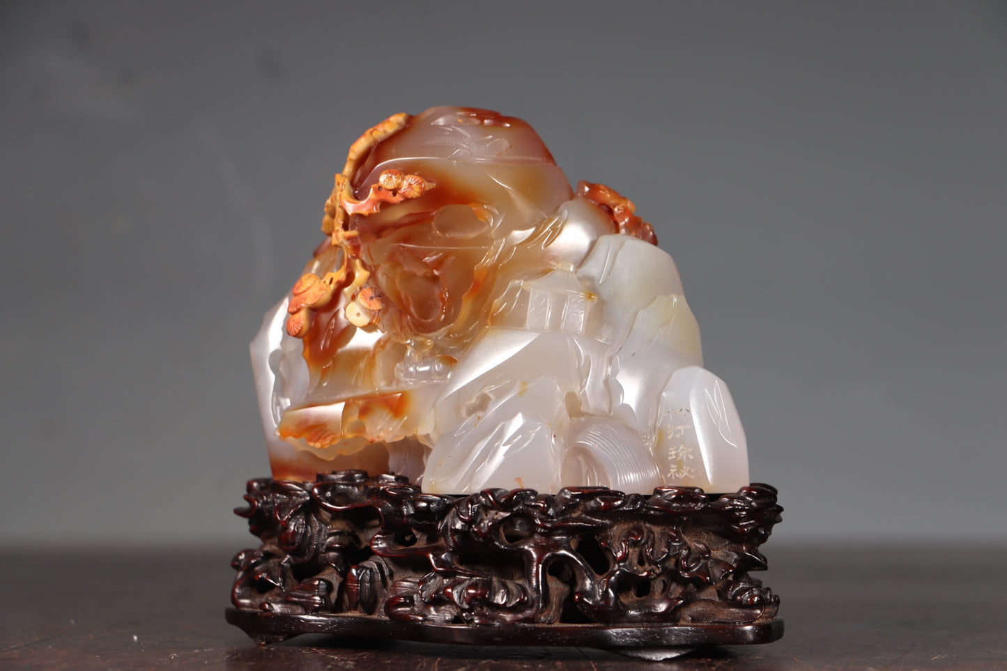 A1346 Chinese Agate Hand Carved Pine Tree & Figure Statue