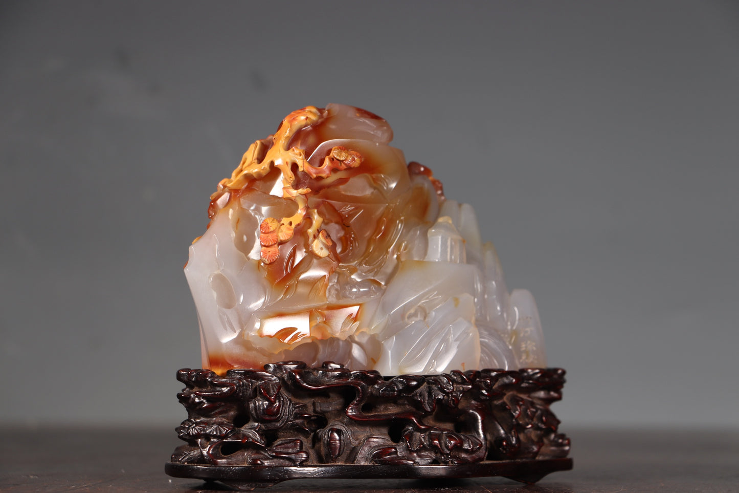 A1346 Chinese Agate Hand Carved Pine Tree & Figure Statue