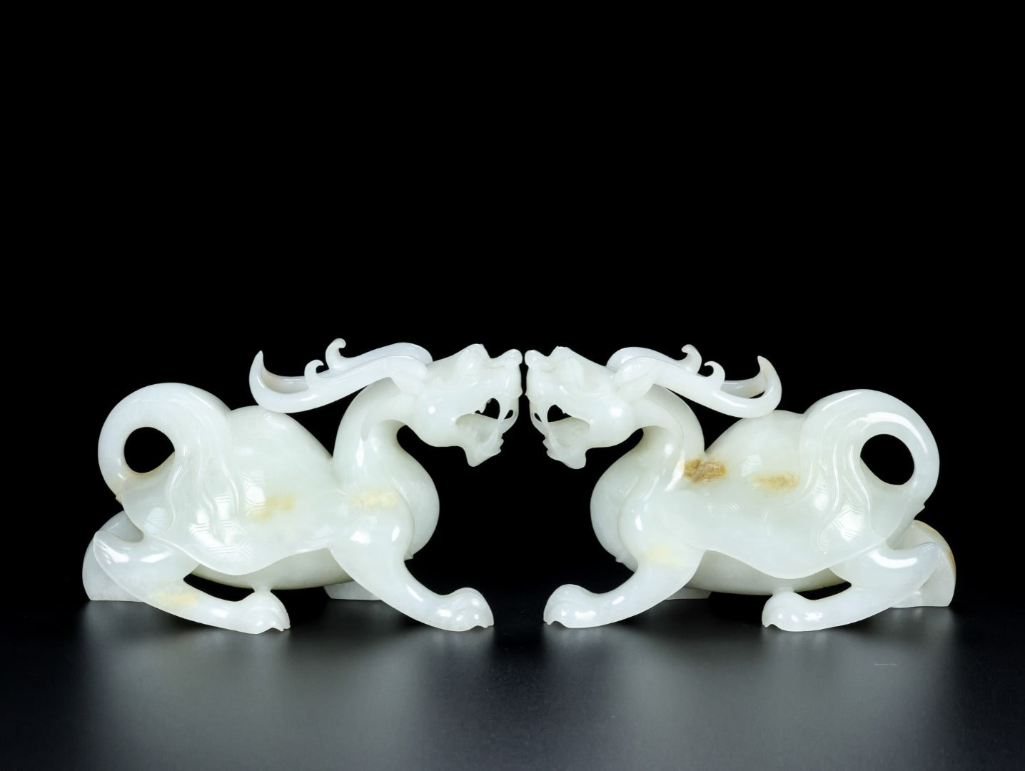 A1348 A Pair Superb Chinese White Hetian Jade Carved Dragon Turtle Statues