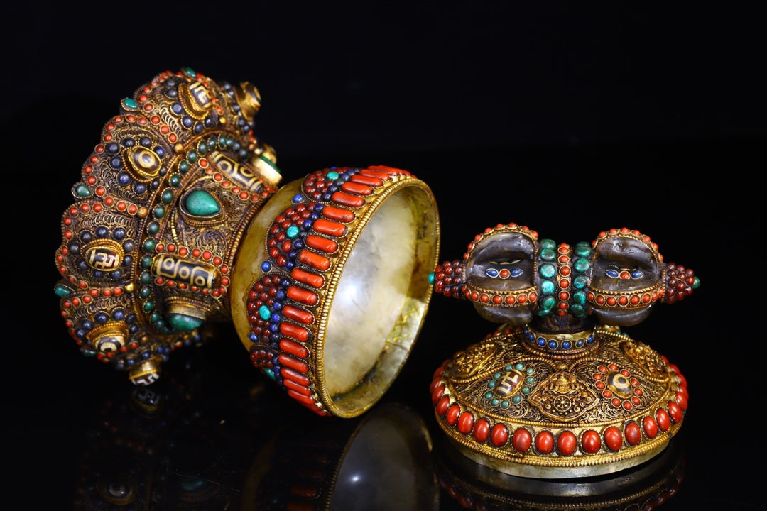A1349 Old Tibetan Silver Wires Inlay DZI Agate & Gems & Crystal Pot