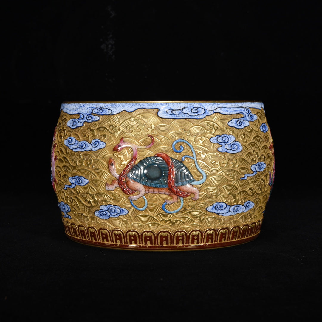 A1357 Chinese Qing Dynasty Gilt Gold Famille Rose Enamel Low Relief Long Life Turtle Design Porcelain Brush Washer