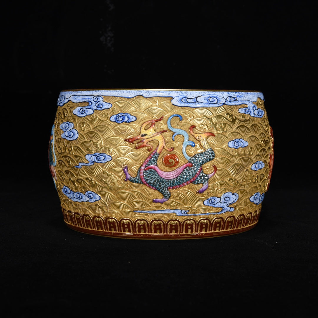 A1357 Chinese Qing Dynasty Gilt Gold Famille Rose Enamel Low Relief Long Life Turtle Design Porcelain Brush Washer