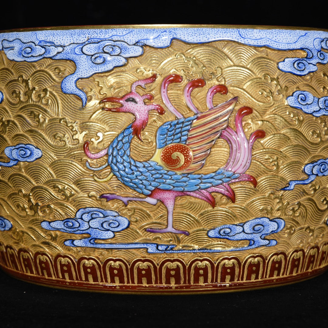 A1357 Chinese Qing Dynasty Gilt Gold Famille Rose Enamel Low Relief Long Life Turtle Design Porcelain Brush Washer