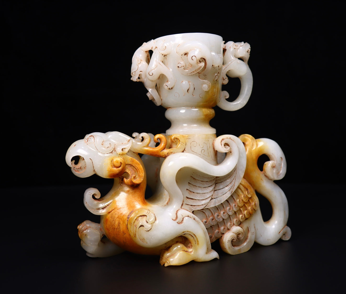 A1360 Superb Old Chinese Hetian Jade Carved Dragon Phoenix Cup Statue