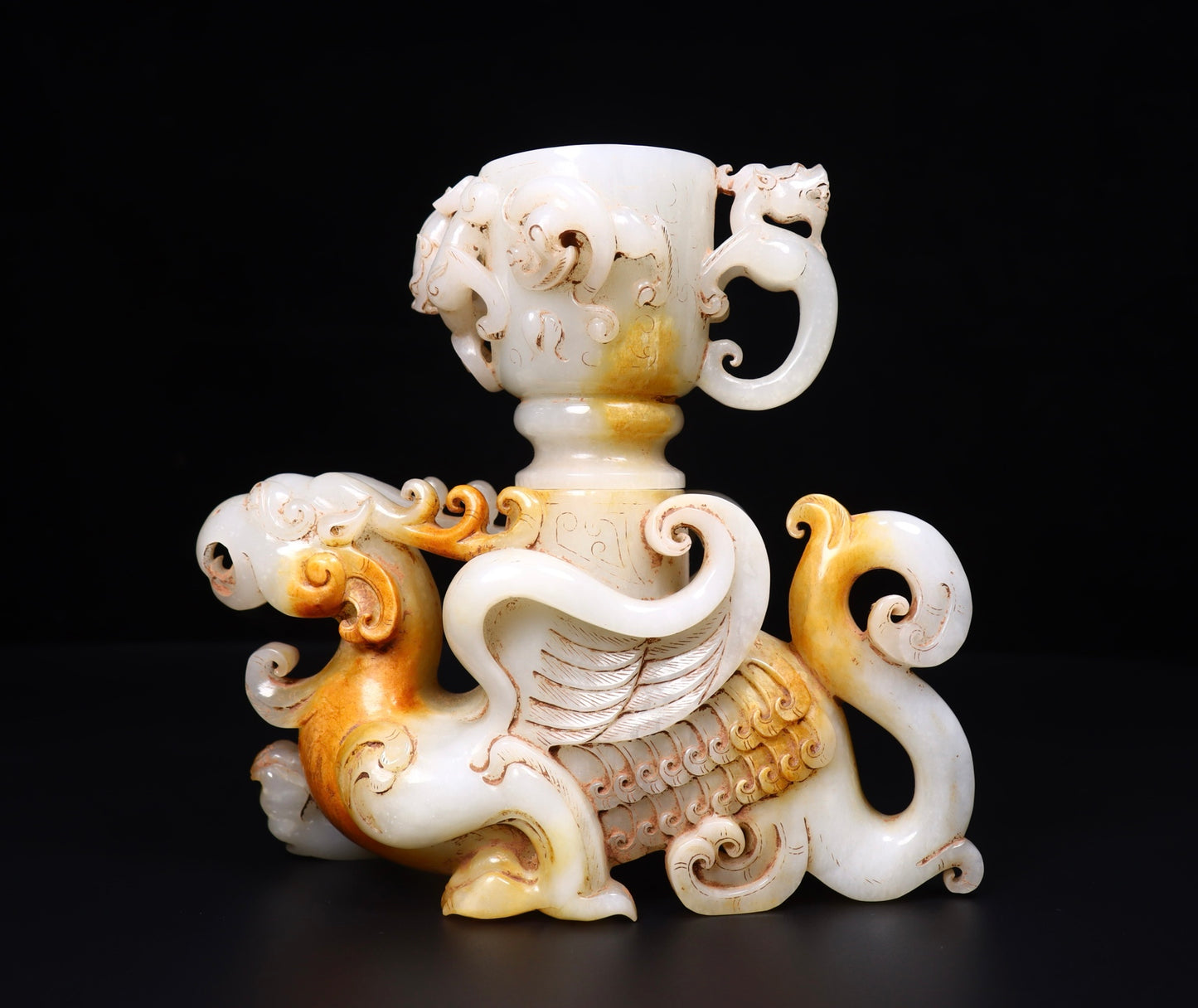 A1360 Superb Old Chinese Hetian Jade Carved Dragon Phoenix Cup Statue