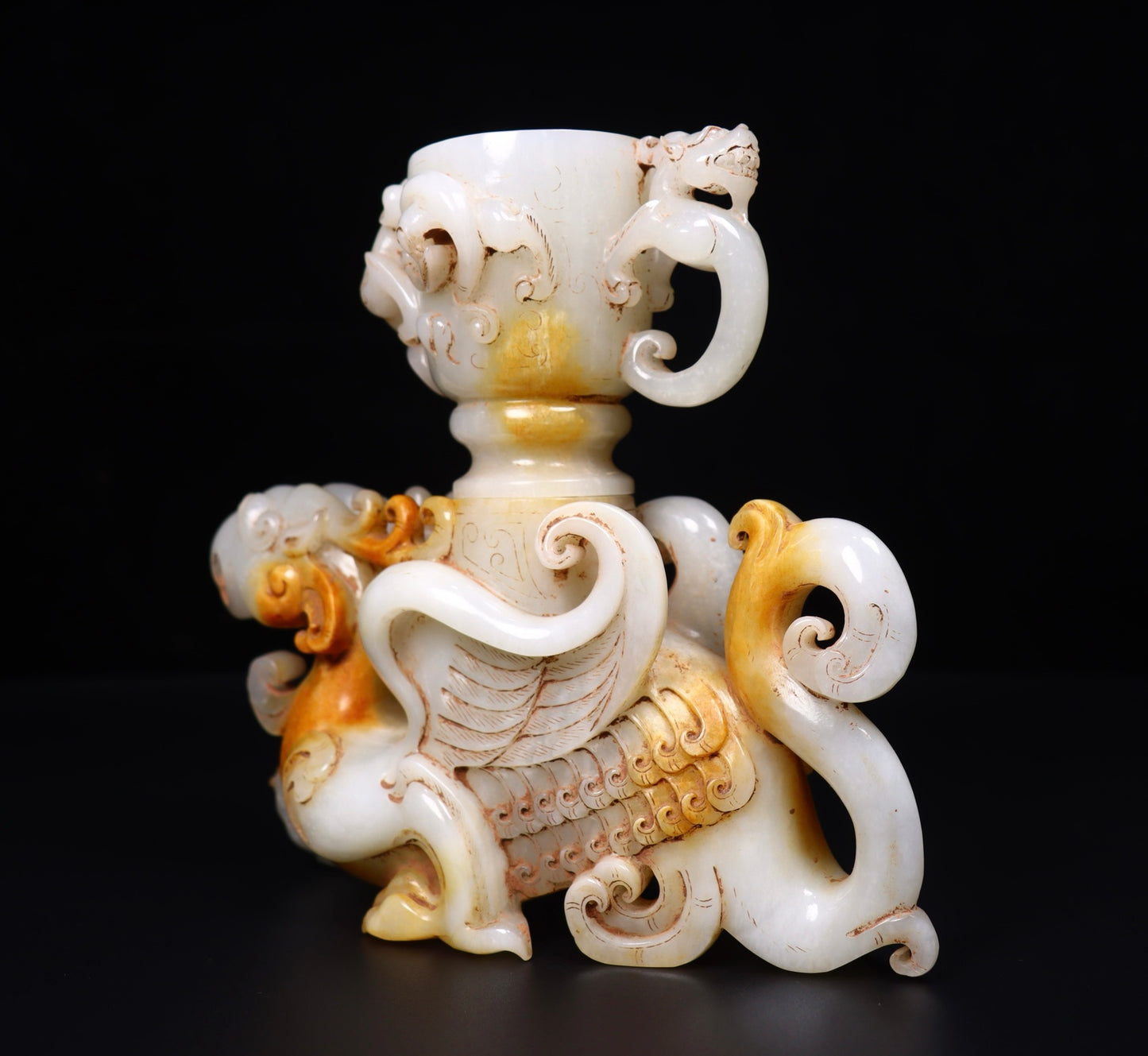 A1360 Superb Old Chinese Hetian Jade Carved Dragon Phoenix Cup Statue