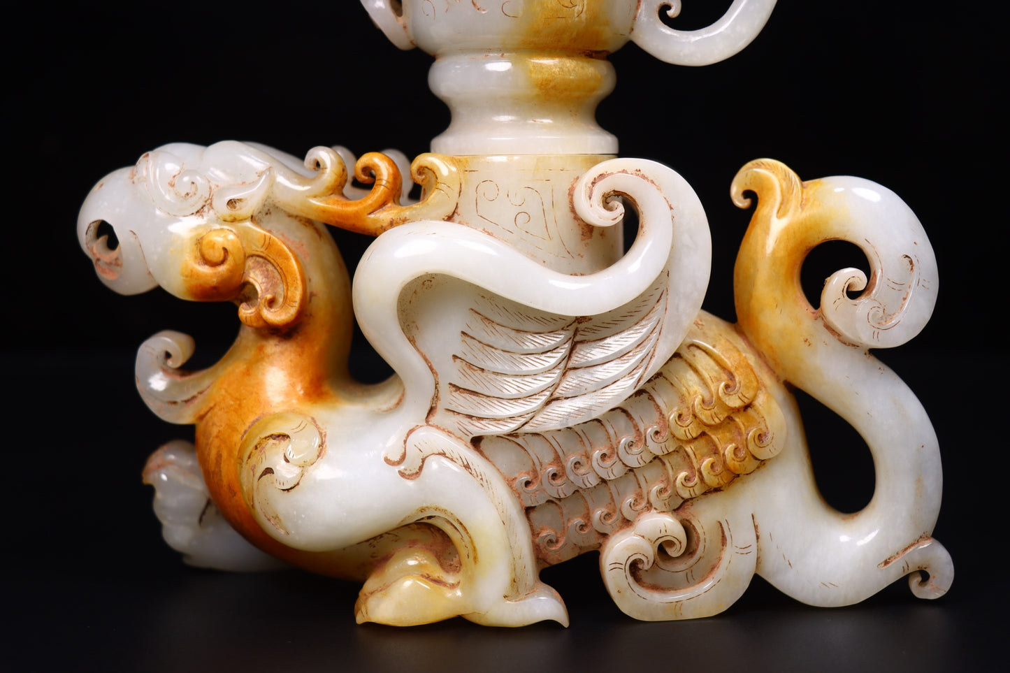 A1360 Superb Old Chinese Hetian Jade Carved Dragon Phoenix Cup Statue